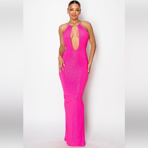 Dresses & Skirts - "Remember Me Forever" Fuchsia Pink Halter V-Neck Long Bodycon Dress
